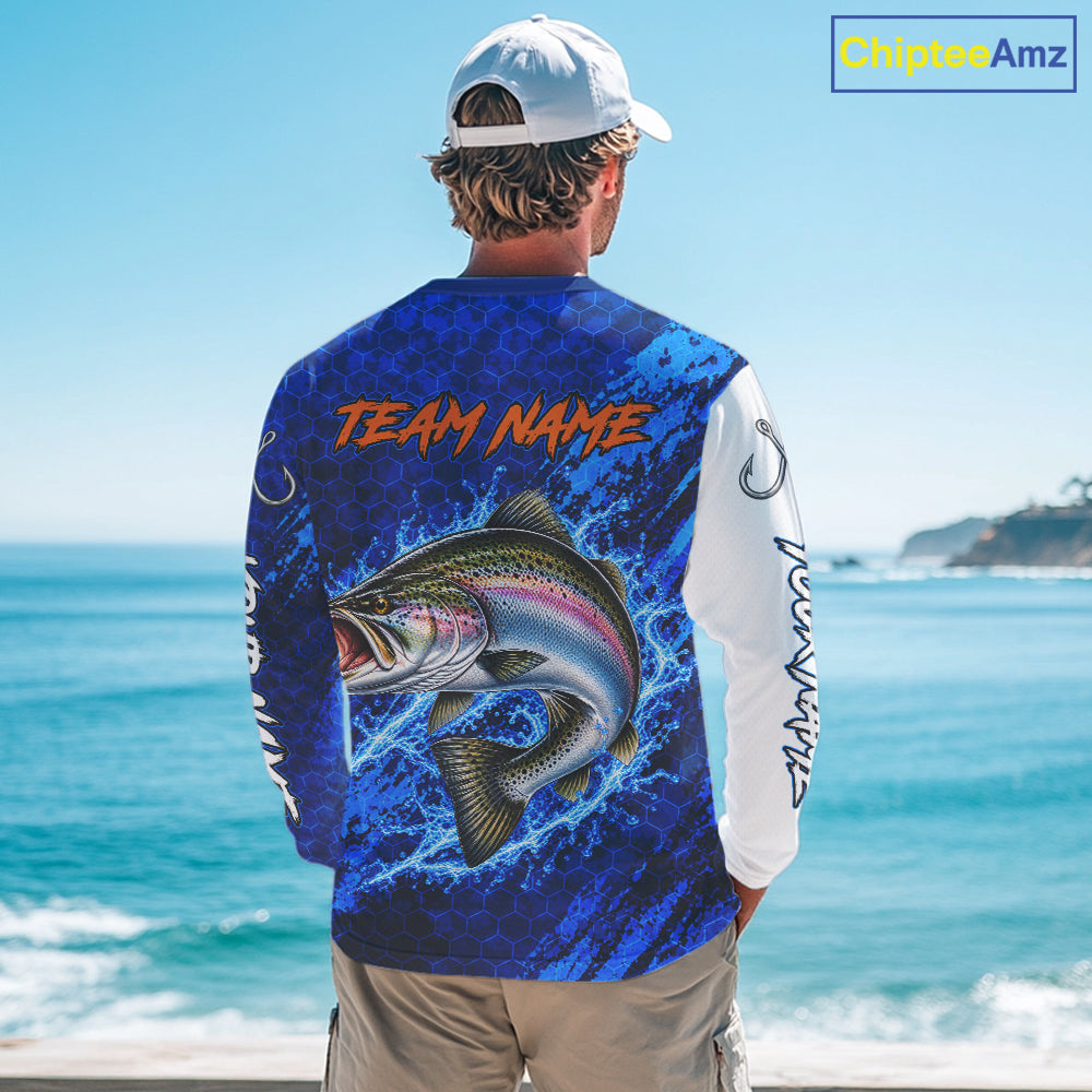 Chinook Salmon Fishing Blue Camo Long Sleeve Performance Fishing Shirt Custom Chinook Salmon Fishing Jerseys NBT1048