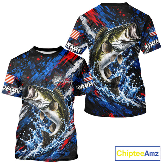 Largemouth Bass Fishing Shirt Custom US Flag Splash Water Short Sleeve Apparel NHT1706