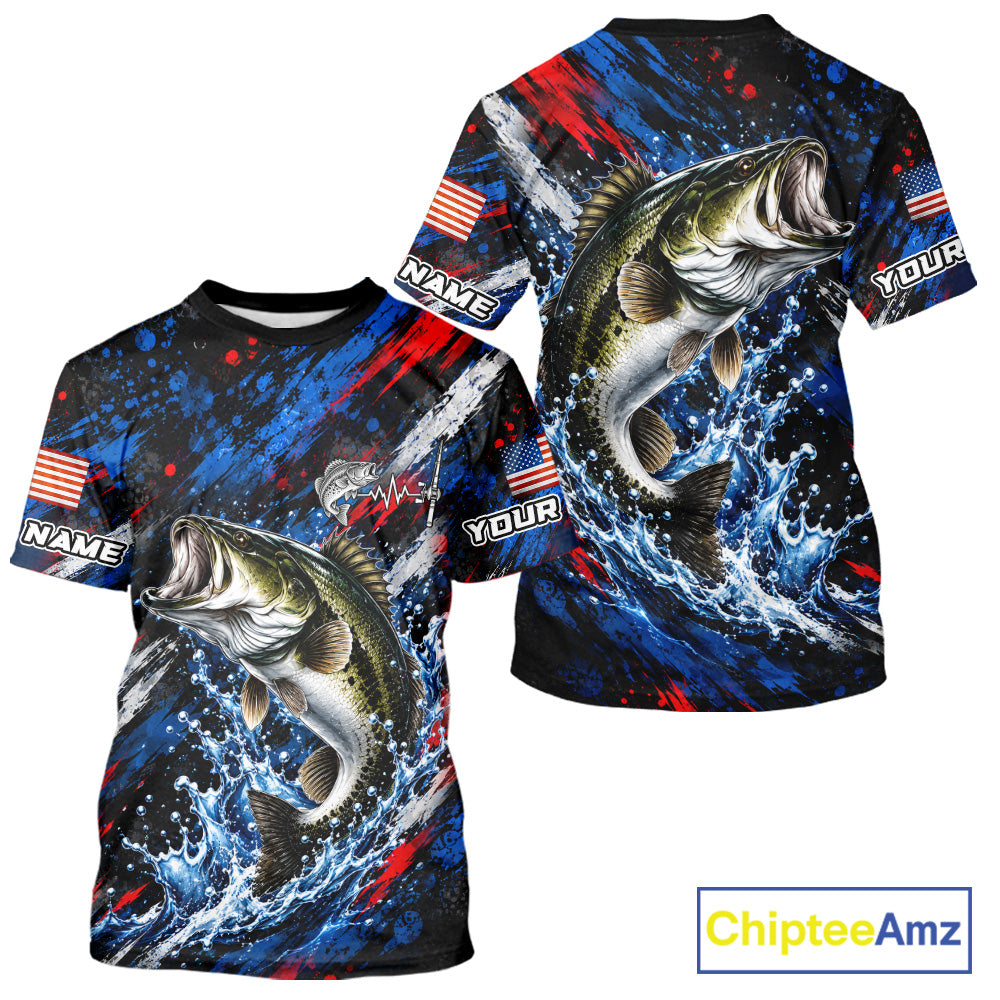 Largemouth Bass Fishing Shirt Custom US Flag Splash Water Short Sleeve Apparel NHT1706