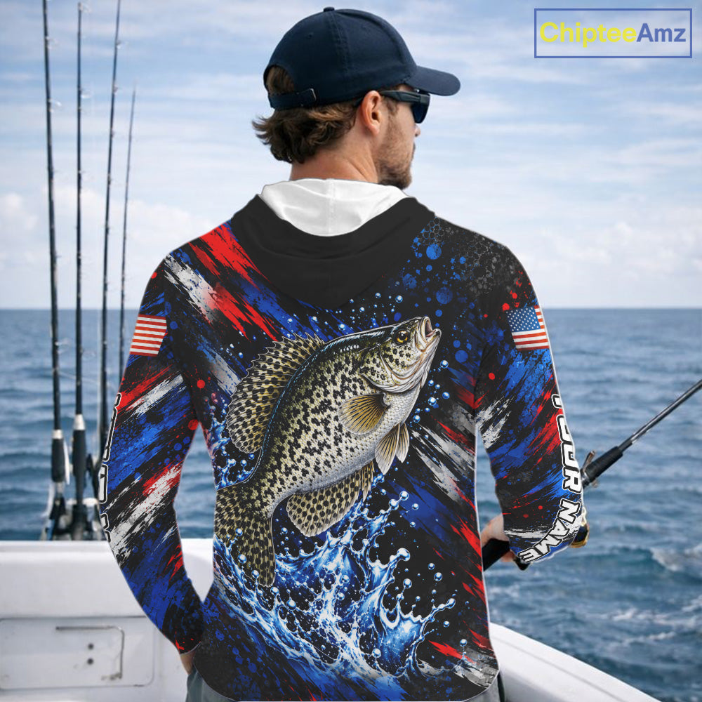 Crappie Fishing Shirt Custom US Flag Splash Water Long Sleeve Hooded Apparel NHT1707