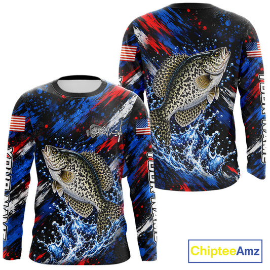 Crappie Fishing Shirt Custom US Flag Splash Water Long Sleeve Apparel NHT1707