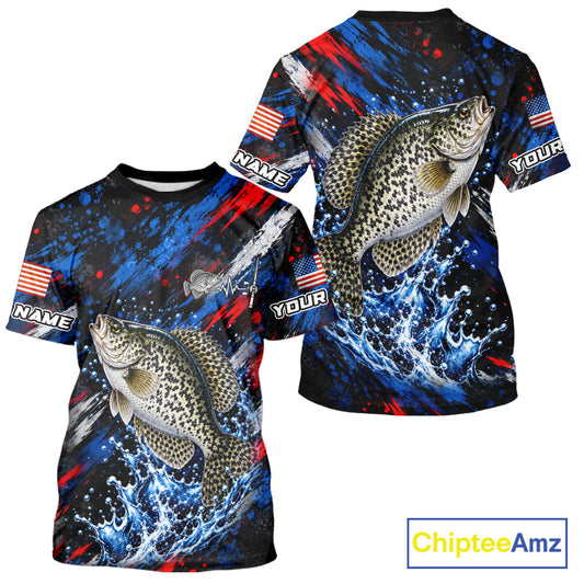 Crappie Fishing Shirt Custom US Flag Splash Water Short Sleeve Apparel NHT1707