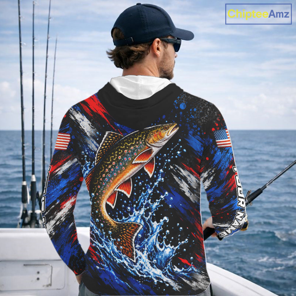 Brook Trout Fishing Shirt Custom US Flag Splash Water Long Sleeve Hooded Apparel NHT1708