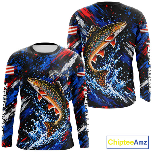 Brook Trout Fishing Shirt Custom US Flag Splash Water Long Sleeve Apparel NHT1708