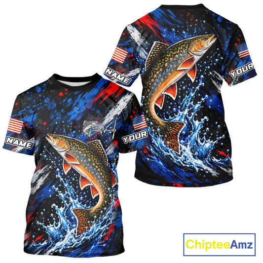 Brook Trout Fishing Shirt Custom US Flag Splash Water Short Sleeve Apparel NHT1708
