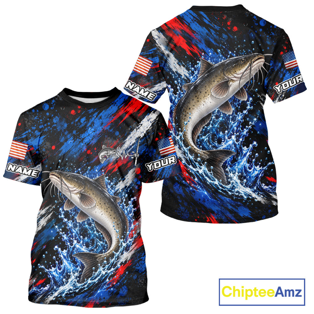 Catfish Fishing Shirt Custom US Flag Splash Water Short Sleeve Apparel NHT1709