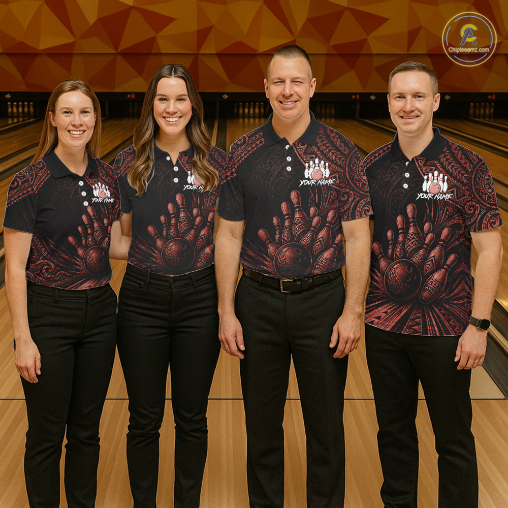 Custom Bowling League Shirt, Personalized Bowling Team Polo, Polynesian Tribal Bowling For Women|Red NHT1233