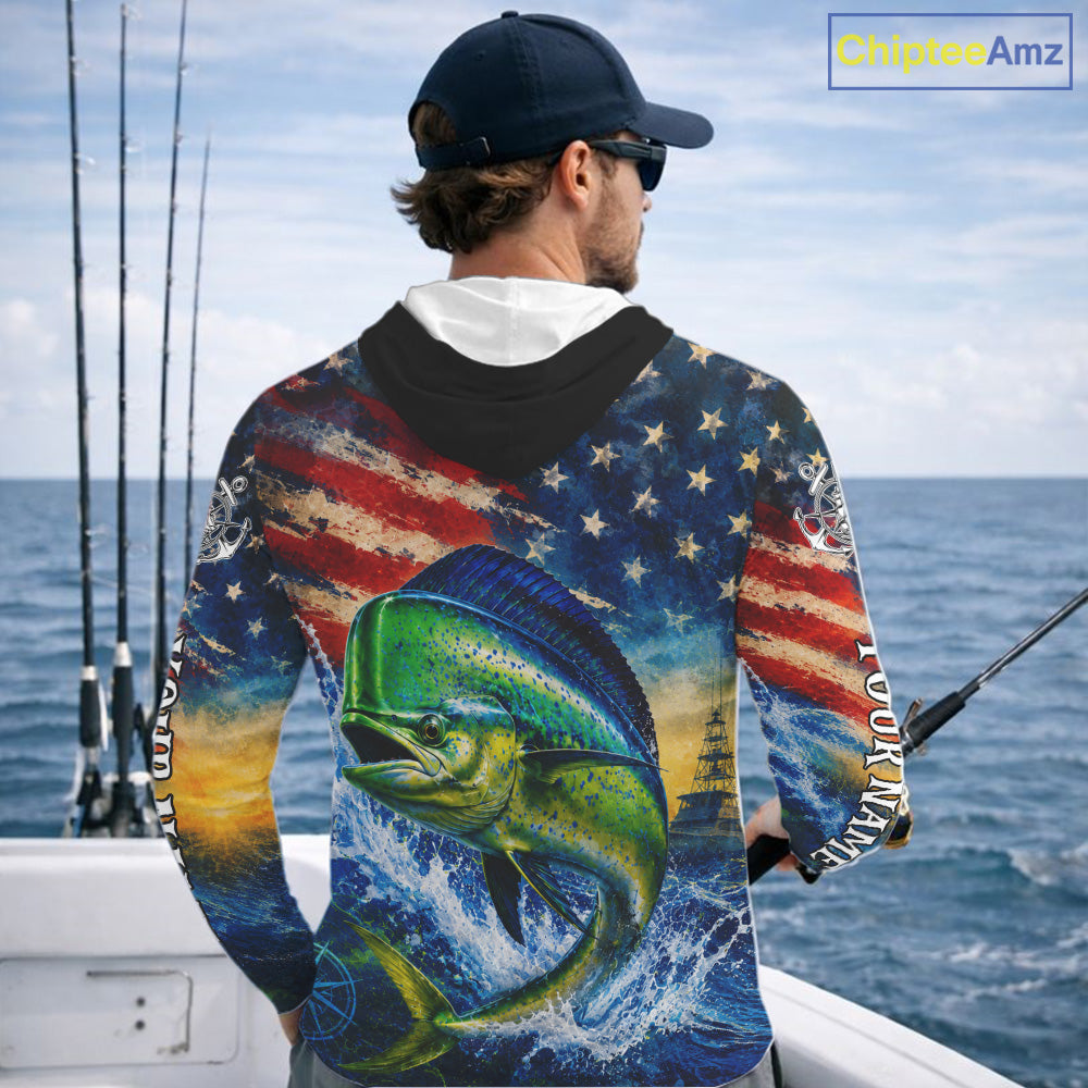 Mahi Mahi Fishing Shirt American Flag 3D All Over Print Long Sleeve Hooded Performance Apparel For Men NHT1087