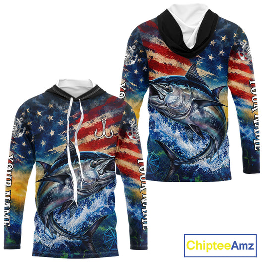 Tuna Fishing Shirt American Flag 3D All Over Print Long Sleeve Hooded Performance Apparel For Men NHT1089