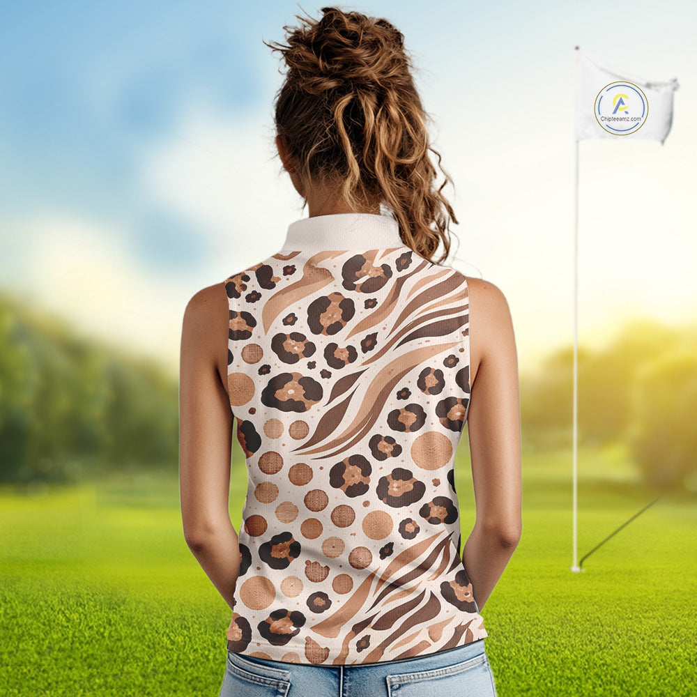 White Animal Mix Leopard Skin Prints Pattern Womens Sleeveless Golf Shirts Custom Name For Womens NHT575