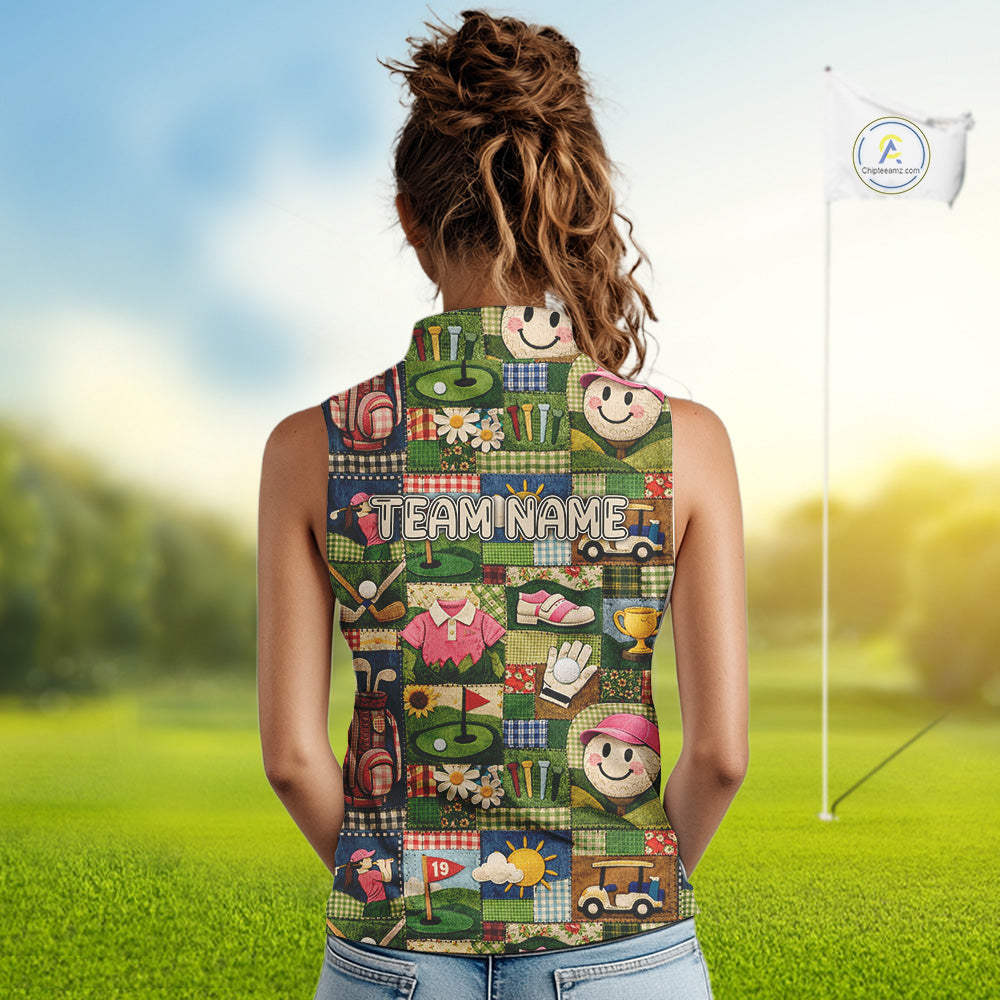 Funny Golf Patchwork Polo Shirt For Women, Personalized Womens Sleeveless Golf Polo Shirt, Vintage Quilt Golf Pattern NHT577