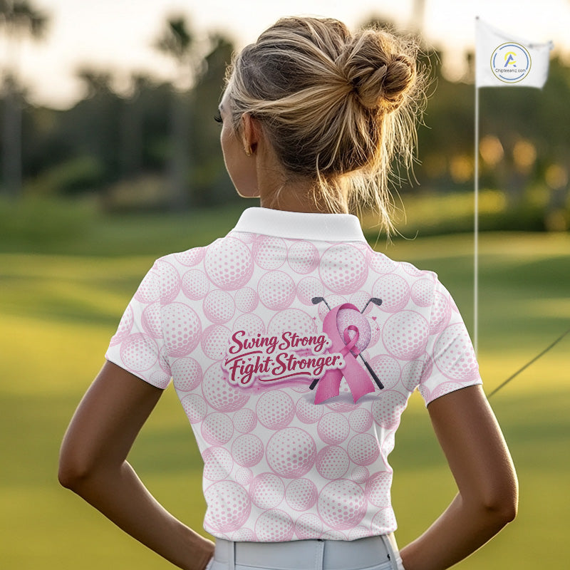 Swing Strong Fight Stronger Pink Ribbon Custom Breast Cancer Ladies Golf Polo Shirt NHT796