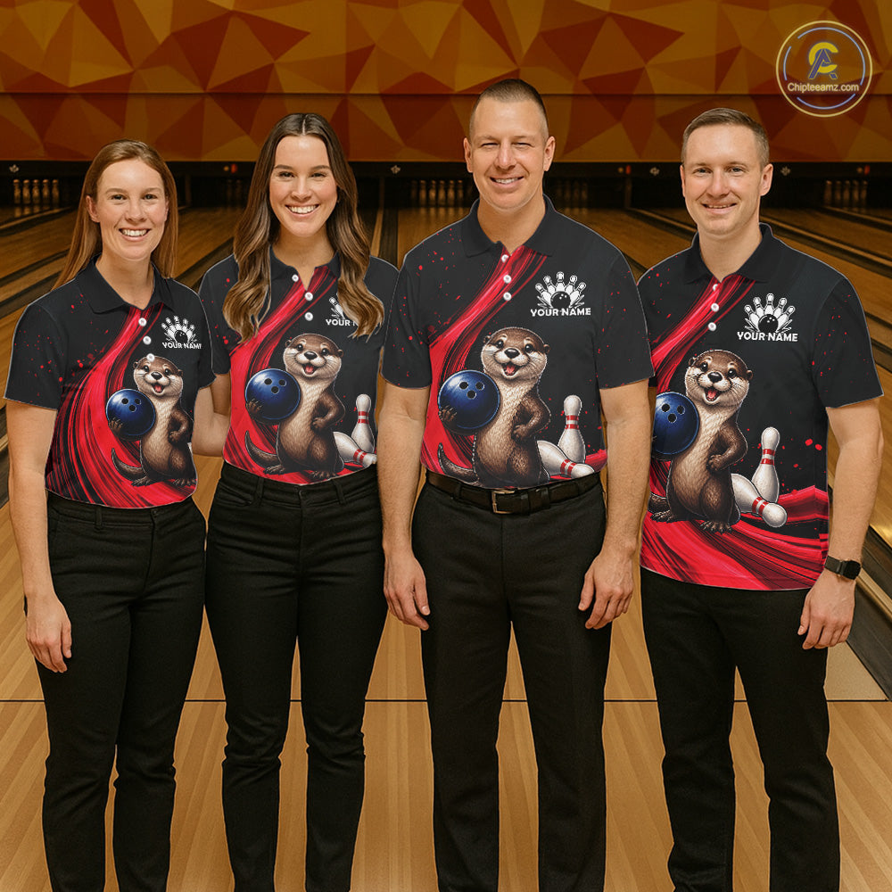Otter Bowling Shirt Custom Name Black Red Bowling Ball Personalized Team Jersey For Men NHT1273