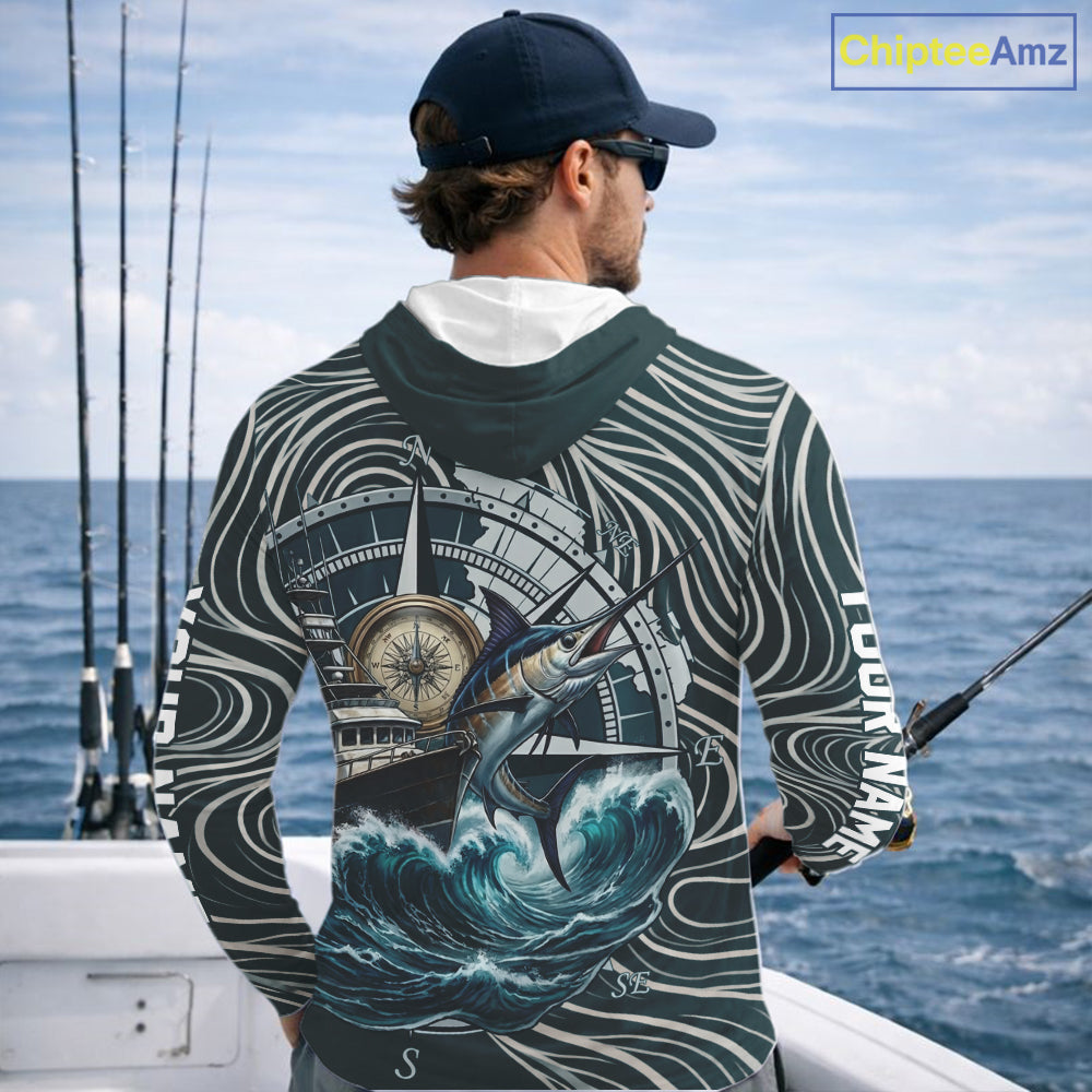 Marlin Fishing Hooded Long Sleeve Shirt Ocean Wave Compass Design, UV Protection Performance Fishing Apparel NHT613