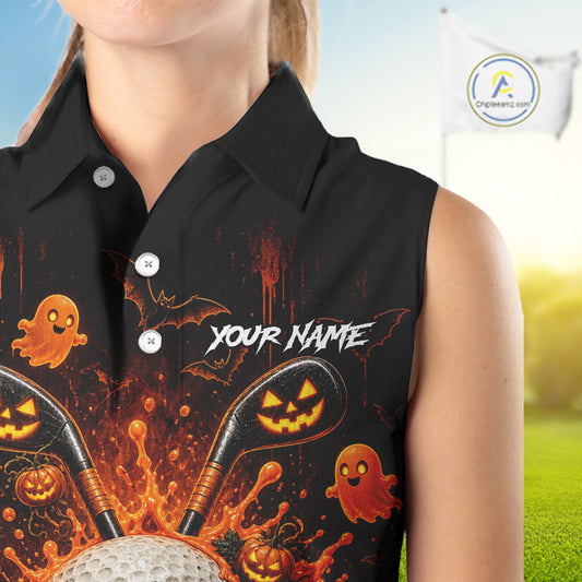 Personalized Spooky Halloween Women Sleeveless Golf Polo Shirt, Orange Pumpkin Skull Dripping Slime Apparel NHT1436
