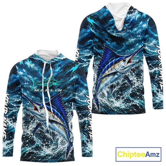 Custom Marlin Fishing Jersey With Name, Marlin Hooded Long Sleeve Tournament Shirt NHT1596