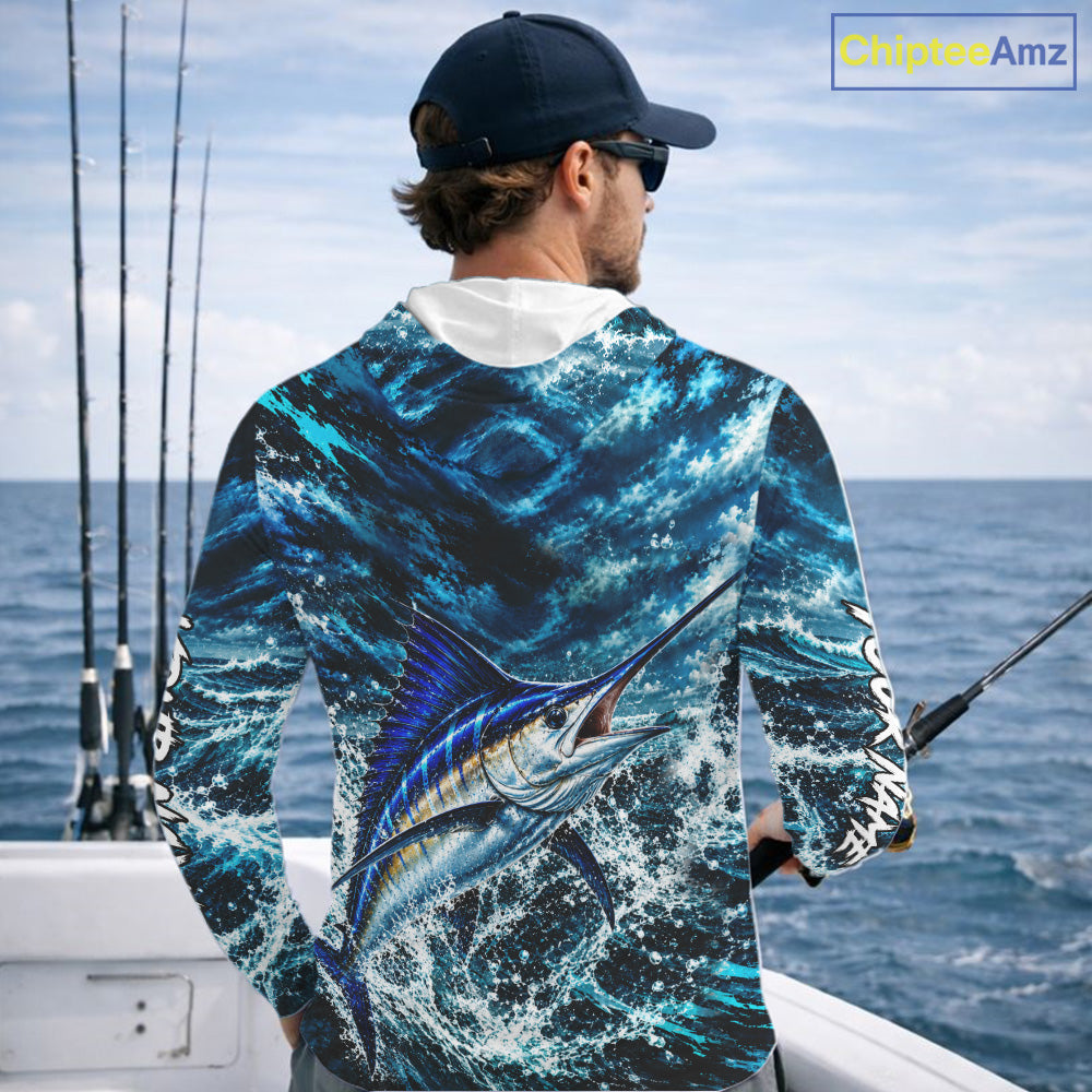 Custom Marlin Fishing Jersey With Name, Marlin Hooded Long Sleeve Tournament Shirt NHT1596