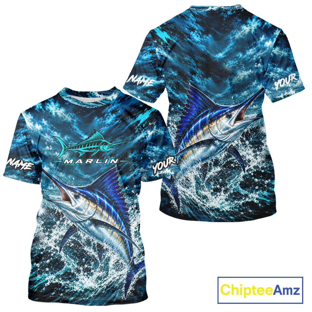Custom Marlin Fishing Jersey With Name, Marlin Short Sleeve Tournament Shirt NHT1596