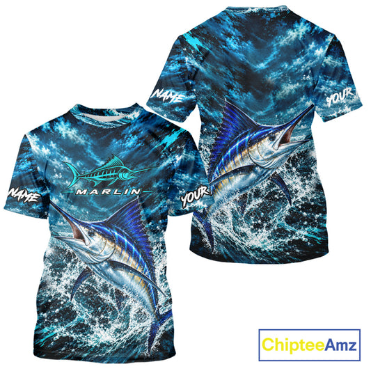 Custom Marlin Fishing Jersey With Name, Marlin Short Sleeve Tournament Shirt NHT1596