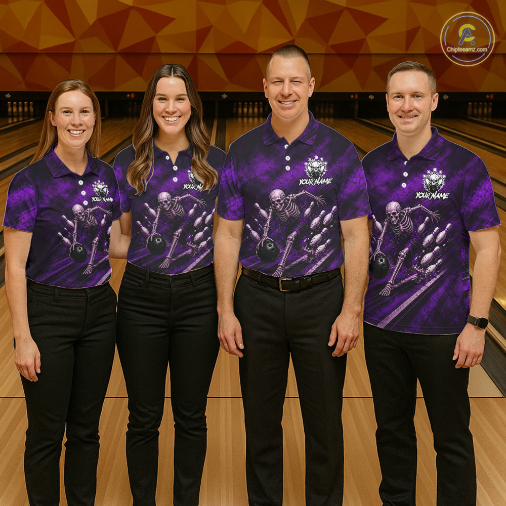 Personalized Bowling Tournament Jersey & Custom Team Shirts, Purple Skeleton Bowling Polo For Women NHT1602