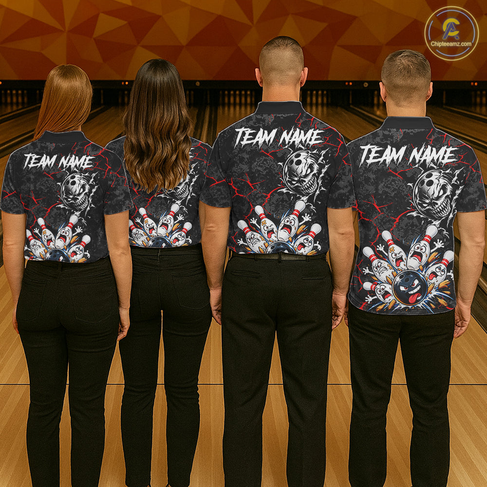Angry Bowling Ball Skull Polo Shirt For Women Custom Red Black Team Tournament Jersey NHT1771