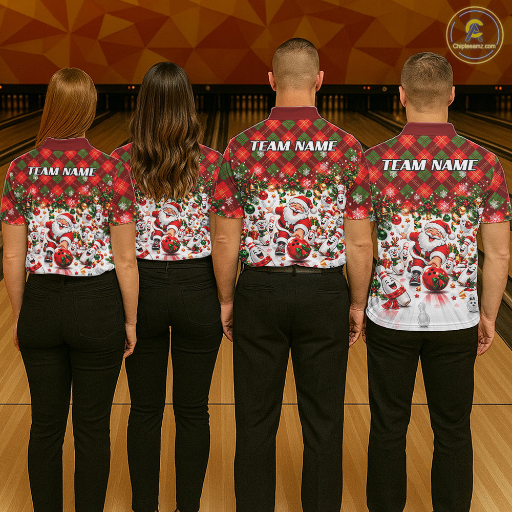 Merry Christmas Santa Men Bowling Polo Shirt Custom Snowman Pins League Match Apparel NHT1776