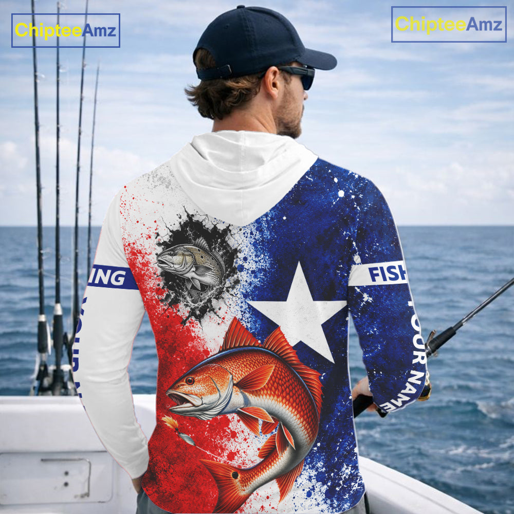 Redfish Texas Flag Hooded Fishing Shirt Shirt Custom Red White Blue Splash Fisherman Gift Apparel NHT1790