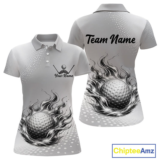 Personalized Flaming Golf Ball Womens Polo Shirt Gray Fire Design Custom Name Golf Shirts For Team NHT619