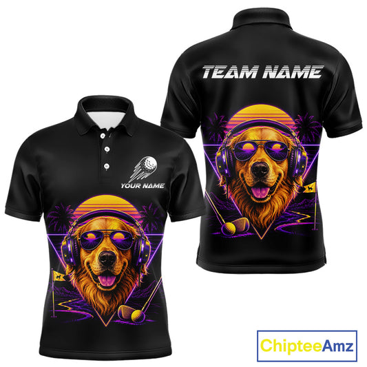 Retro Synthwave Golden Retriever Golf Polo Shirt - Funny Dog Dad Golfing Apparel