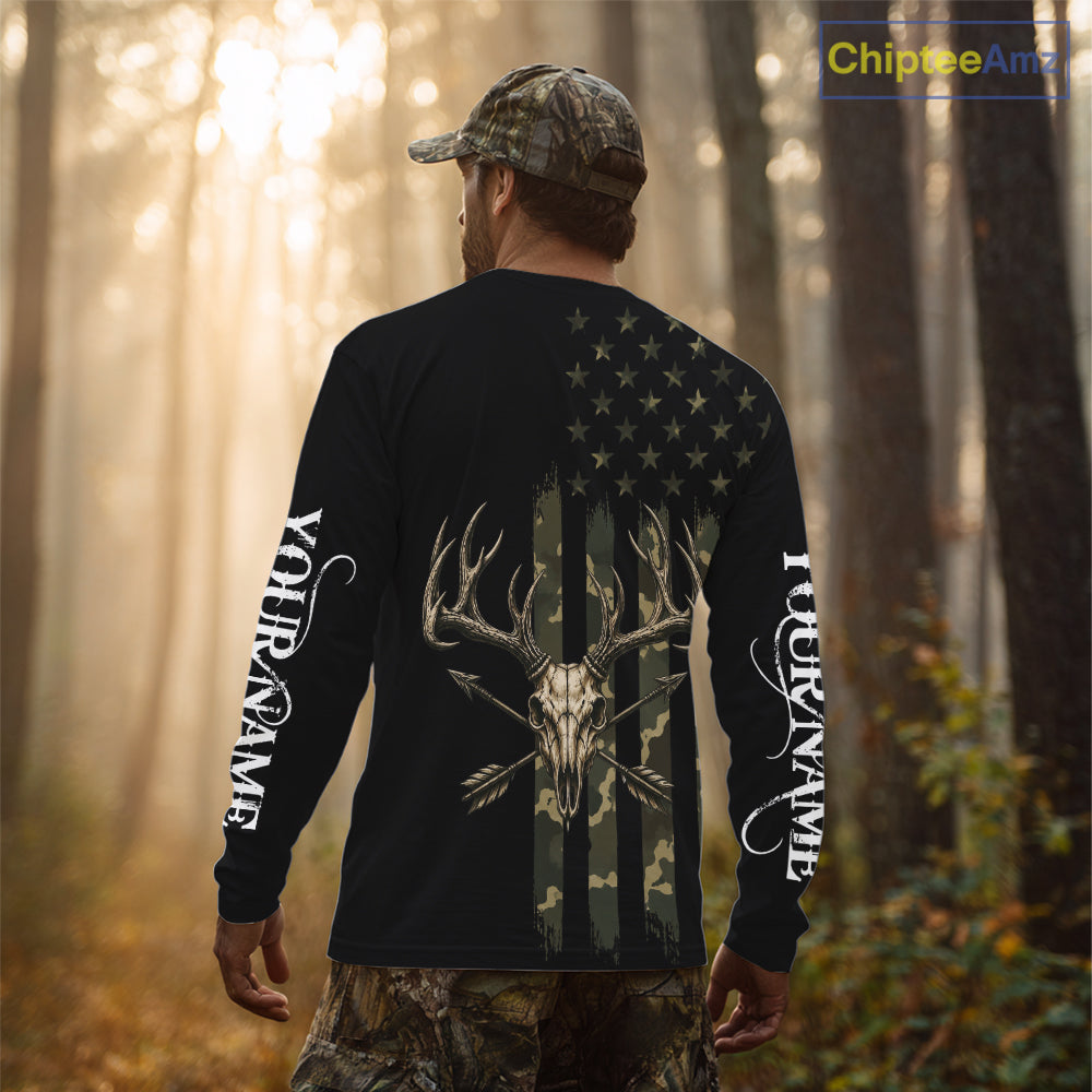 Deer Skull Hunting Shirt Long Sleeve With Black Camo American Flag, Whitetail Deer Hunting Shirt NHT1474