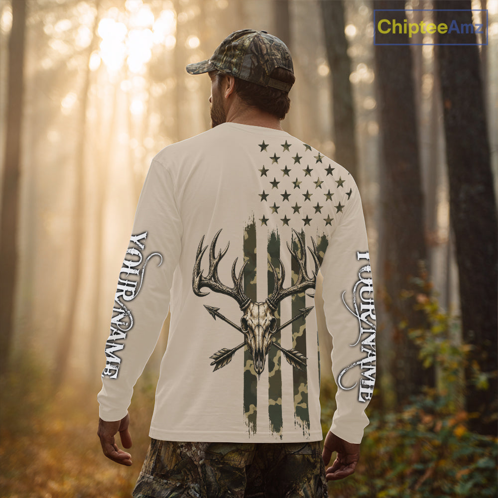 Deer Skull Hunting Shirt Long Sleeve With Beige Camo American Flag, Whitetail Deer Hunting Shirt NHT1475