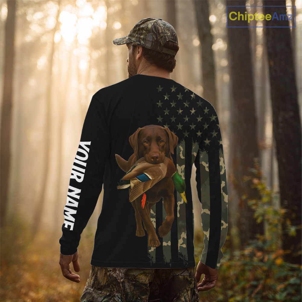 Duck Hunting With Labrador Retriever Dog Custom Name Camo Full Printing Shirts, Chocolate Lab Hunting NHT1478