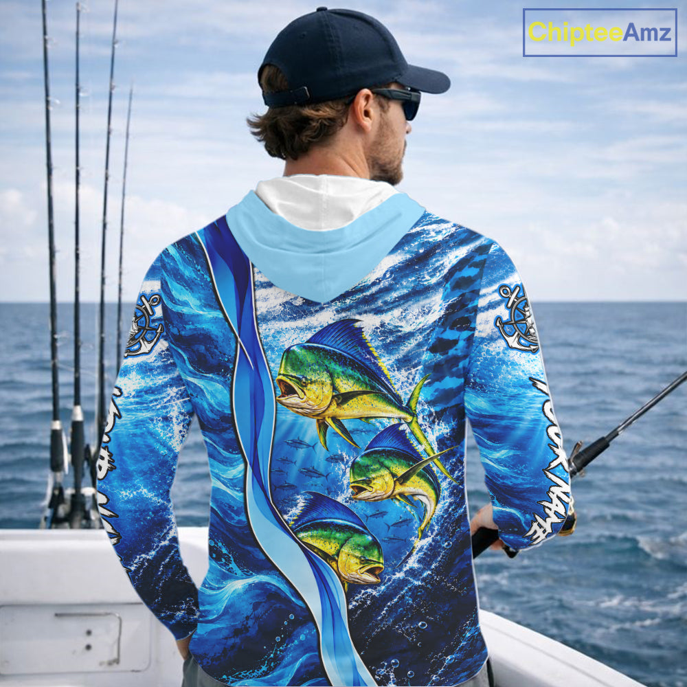 Personalized Mahi Mahi Fishing Shirt Hooded Long Sleeve Ocean Anchor Performance Angler Apparel NHT1821