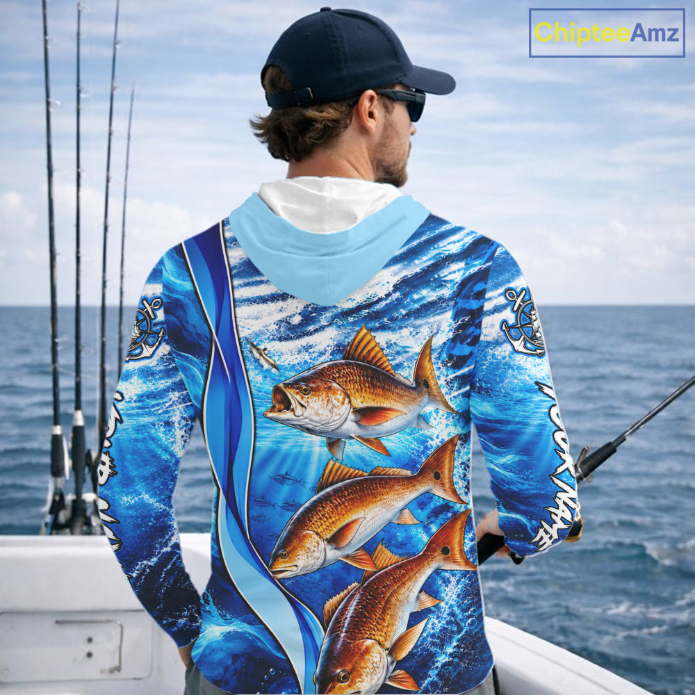 Personalized Redfish Fishing Shirt Hooded Long Sleeve Ocean Anchor Performance Angler Apparel NHT1822