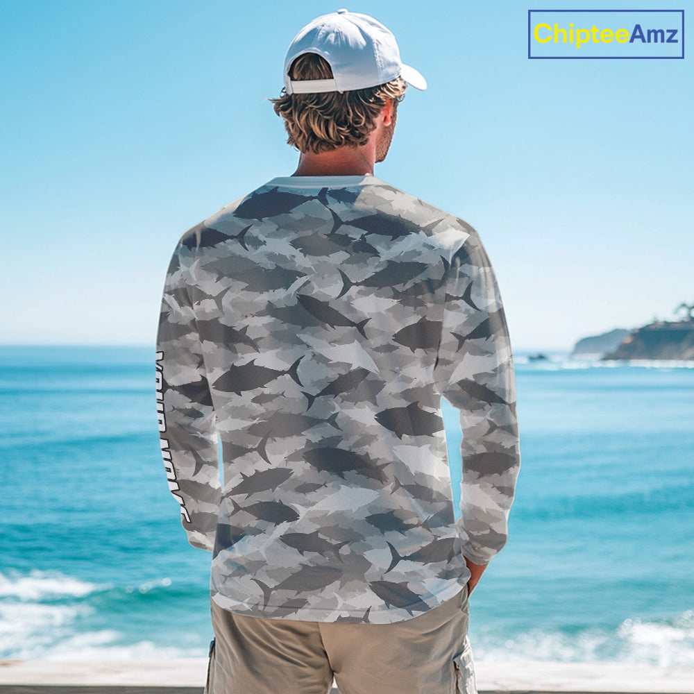 Personalized Tuna Camo Fishing Shirt Long Sleeve Grey Fish Camouflage Angler Apparel NHT1826