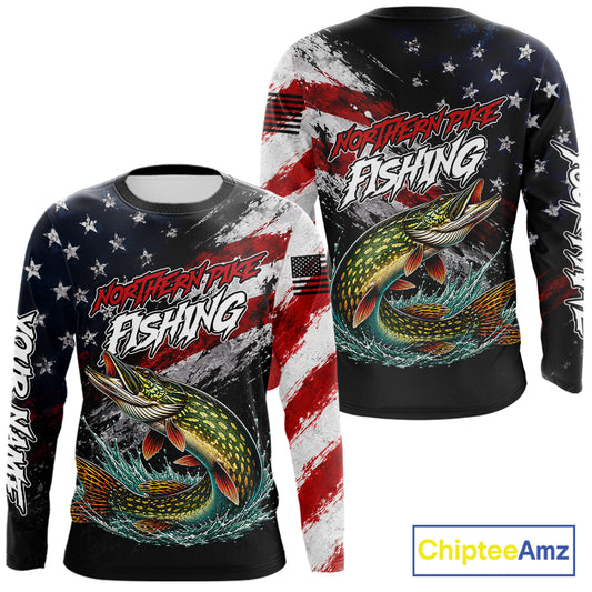 American Flag Northern Pike Fishing Shirt For Men, Personalized Northern Pike Fishing Apparel