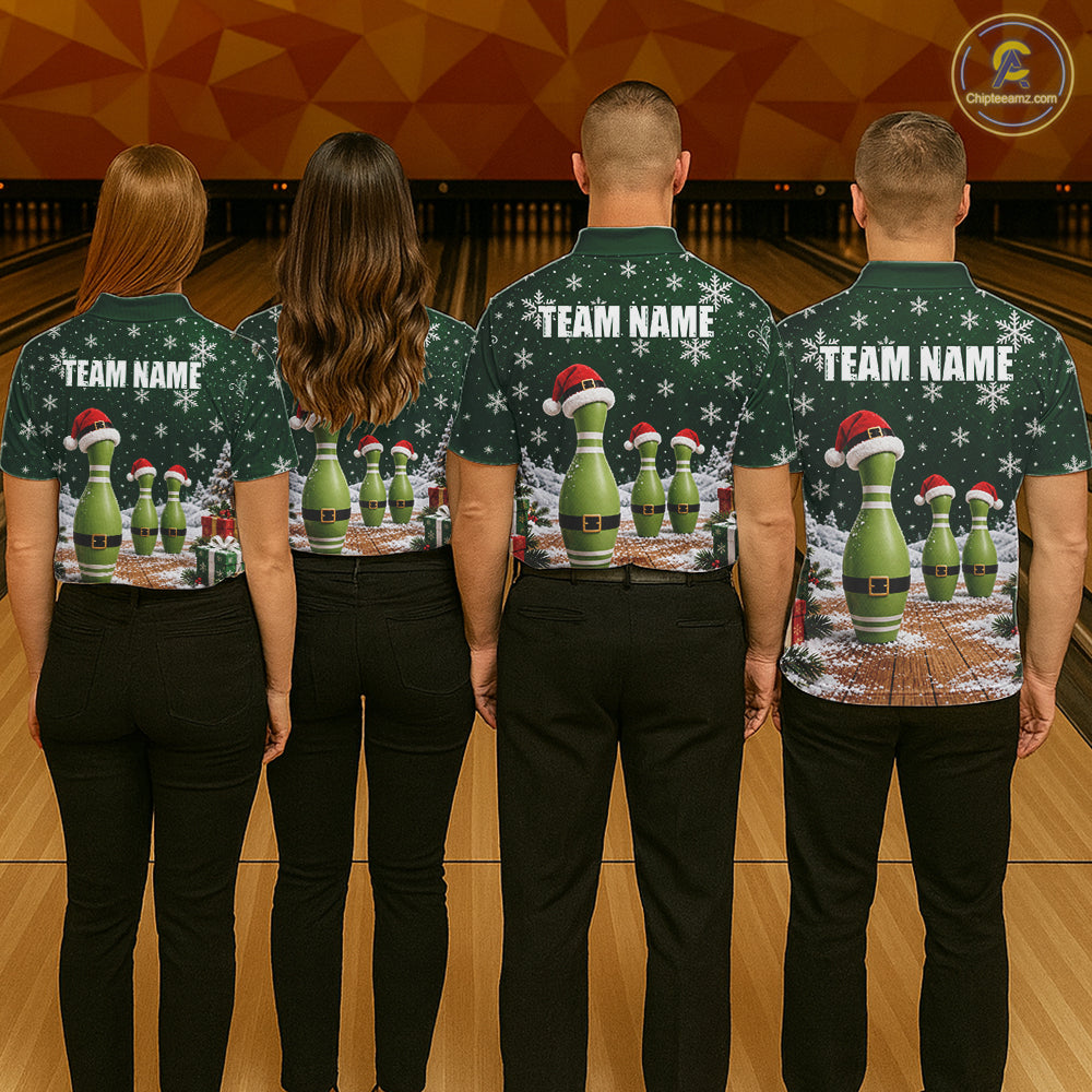 Bowling Pins Christmas Polo Shirt Custom 1/4 Zipper Green Santa Hat Xmas Golf Gift For Men NHT1836