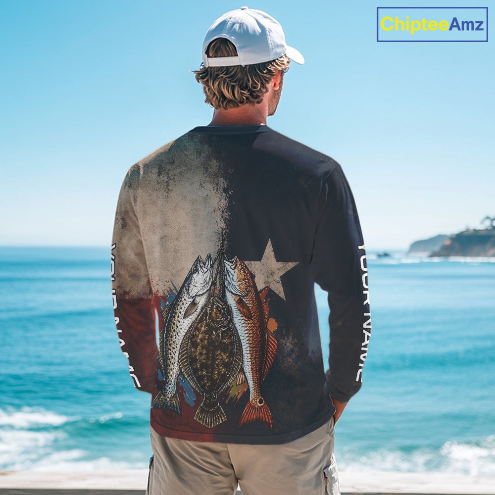 Texas Slam Speckled Trout Flounder Redfish Fishing Shirt, Texas Flag UV Performance Fishing Apparel