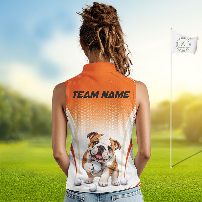 Custom Bulldog Golf Lover Orange Women Sleeveless Polo Shirt, Personalized Golf Polo Shirt With Dog NHT1327