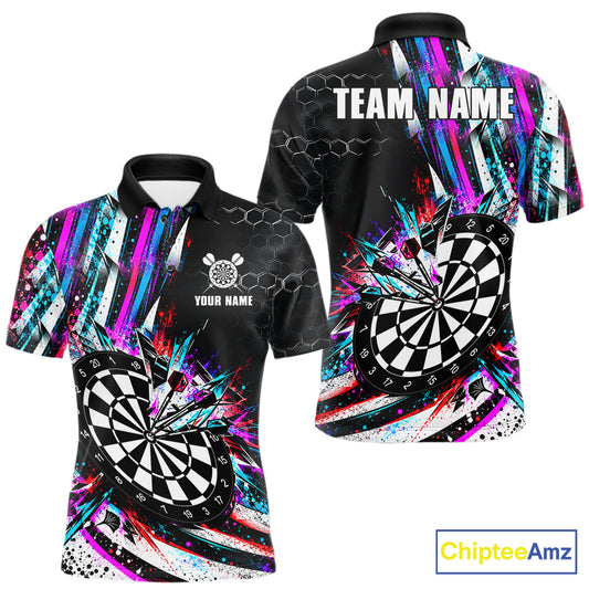 Neon Splash Dartboard Art Polo 1/4-Zip Shirt For Men Custom Vibrant Darts Team Match Jersey NHT1647