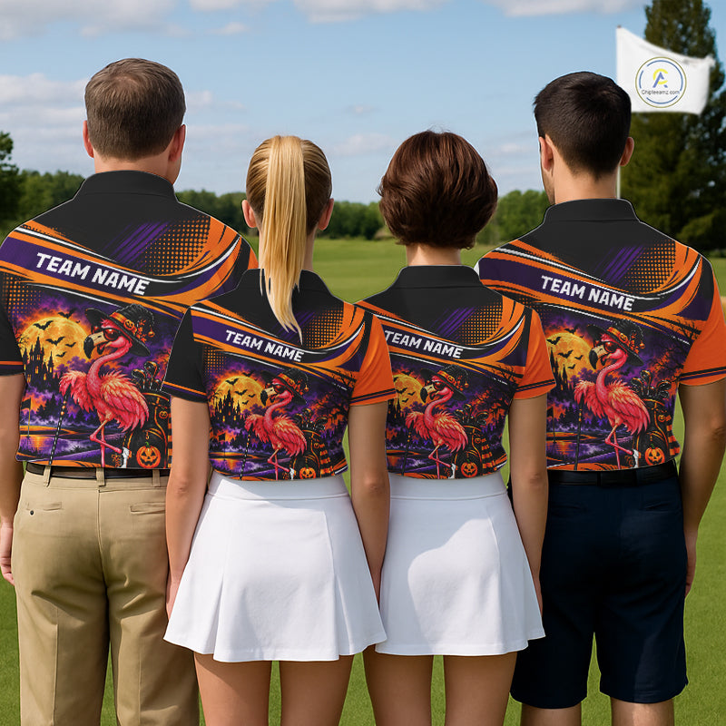Halloween Flamingo Men Golf Polo Shirt Custom Witch Hat Full Moon Team Tournament Jersey NHT1693
