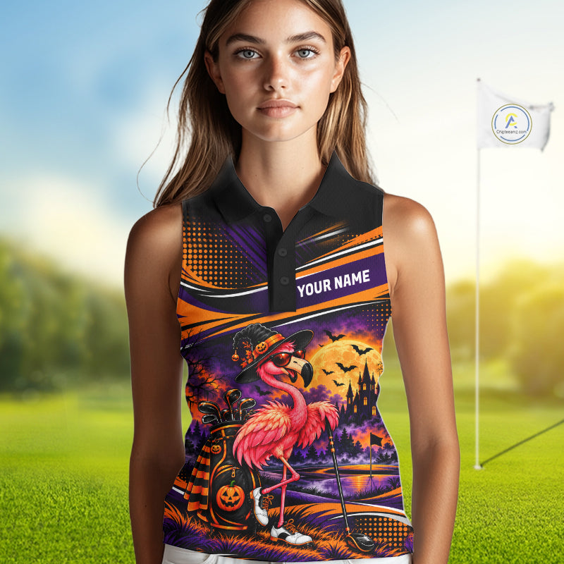 Halloween Flamingo Women Sleeveless Golf Polo Shirt Custom Witch Hat Full Moon Team Tournament Jersey NHT1693