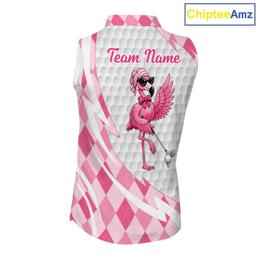 Pink Argyle Plaid Pattern Funny Flamingo Golf Wine Sleeveless Womens Golf Polos Shirt Custom Funny Golf Shirt For Ladies NHT738