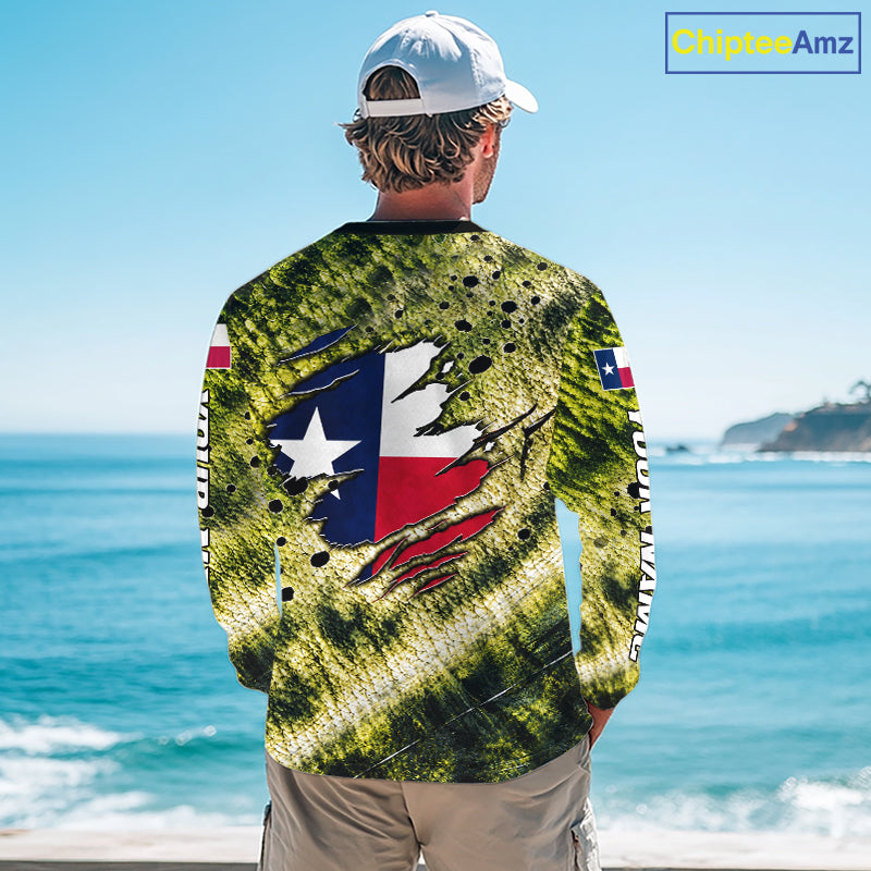 Largemouth Bass Fishing Shirt Custom Texas Flag Scale Pattern Long Sleeve Apparel NHT1704