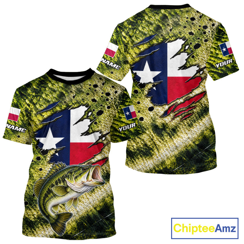 Largemouth Bass Fishing Shirt Custom Texas Flag Scale Pattern Short Sleeve Apparel NHT1704