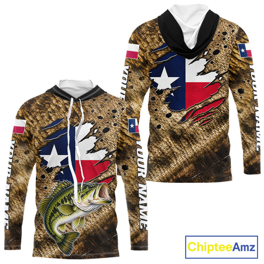Largemouth Bass Fishing Shirt Custom Texas Flag Brown Scale Pattern Long Sleeve Hooded Apparel NHT1705