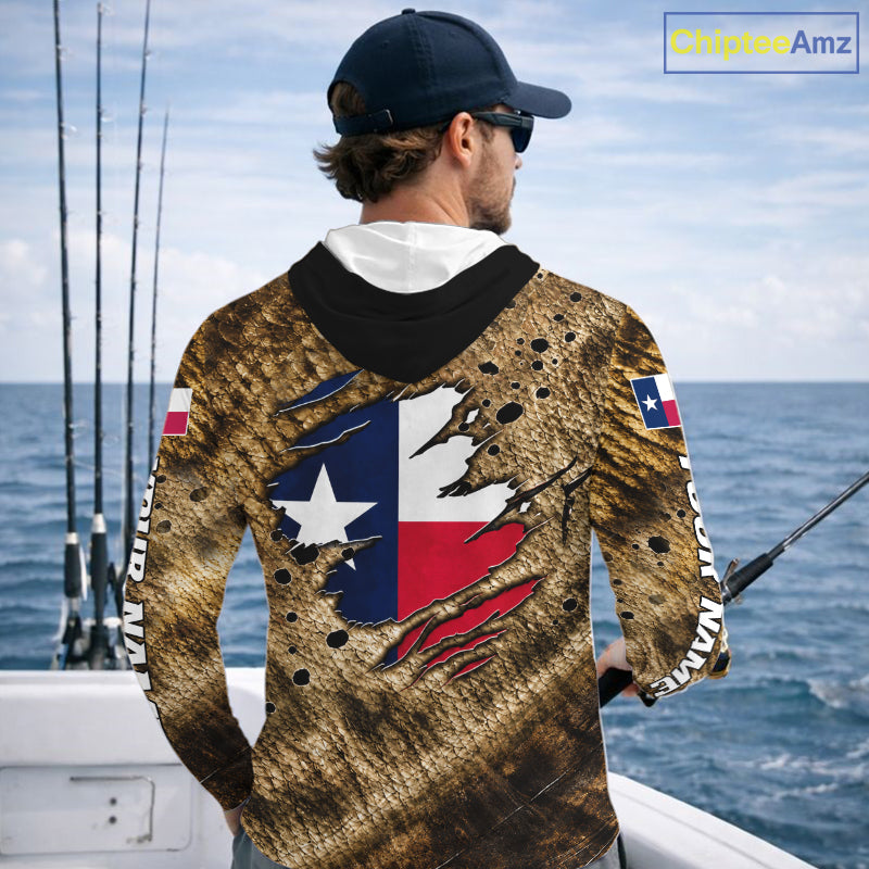 Largemouth Bass Fishing Shirt Custom Texas Flag Brown Scale Pattern Long Sleeve Hooded Apparel NHT1705