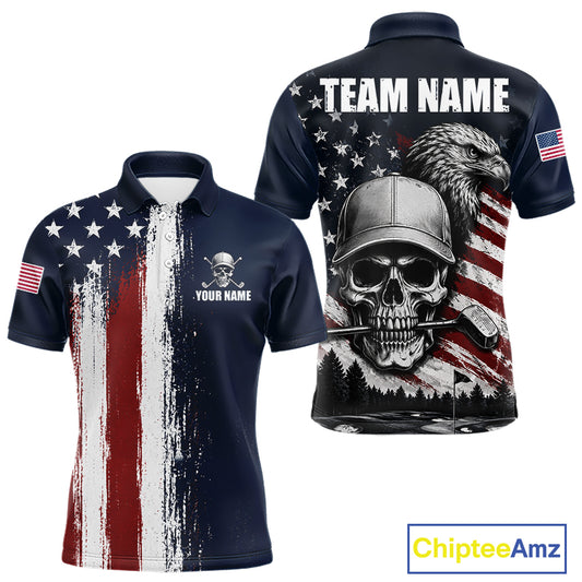 Personalized Skull Eagle Mens Golf Polo Shirt American Flag Patriotic Golf Shirt Custom Name