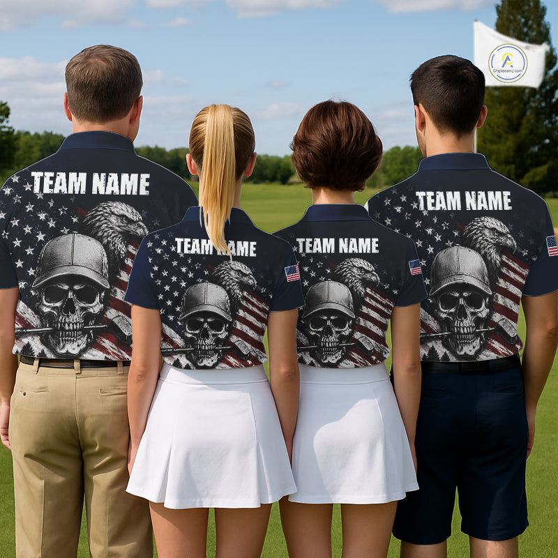 Personalized Skull Eagle Mens Tournament Golf Polo Shirt American Flag Patriotic Golf Shirt Custom Name NHT1068