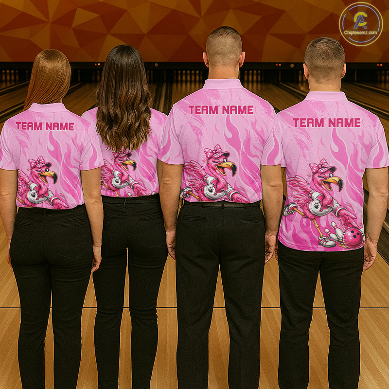 Women's Custom Flamingo Bowling Shirt Pink Personalized Team Bowling Polo Funny Bowling Jersey Gift NHT1230